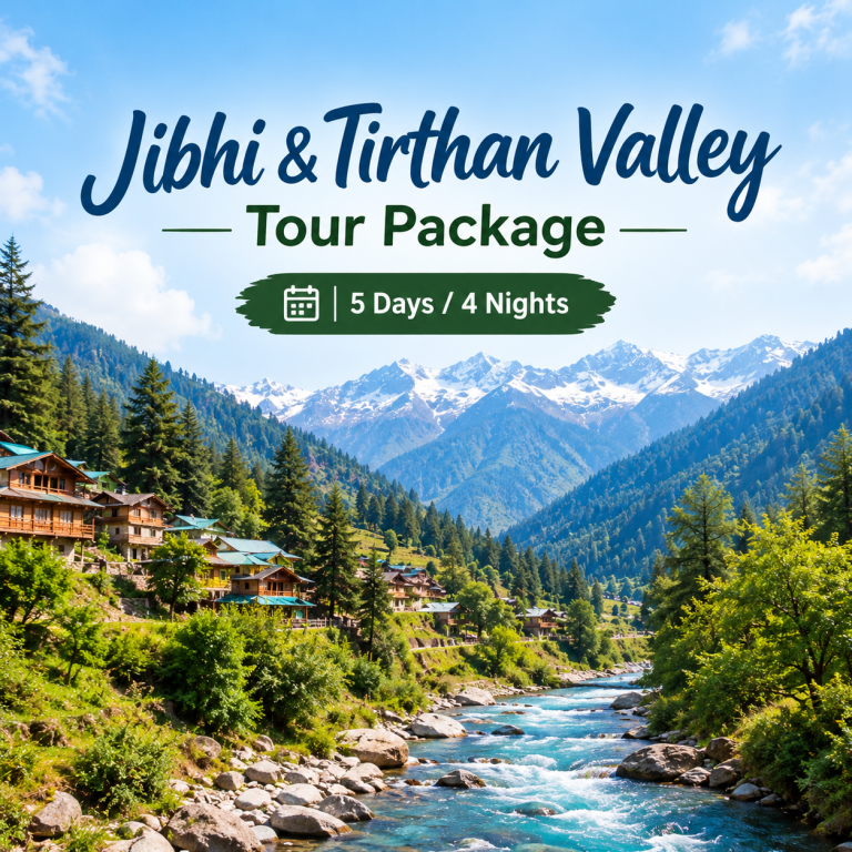 Jibhi and Tirthan Valley tour package in Himachal Pradesh featuring scenic mountain landscapes, lush forests, Jalori Pass, Serolsar Lake, Tirthan Valley, and Chhoie Waterfall, with Volvo transfers, hotel stays, private cab sightseeing, breakfast, and dinner by EasyGo Vacation.