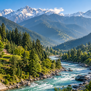 Illustration of a Himachal mountain valley with a flowing river, pine forests and snow-covered peaks.