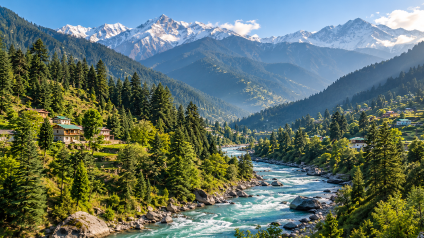 Illustration of a Himachal mountain valley with a flowing river, pine forests and snow-covered peaks.