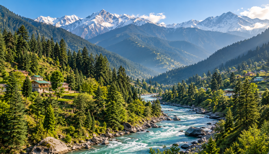 Illustration of a Himachal mountain valley with a flowing river, pine forests and snow-covered peaks.