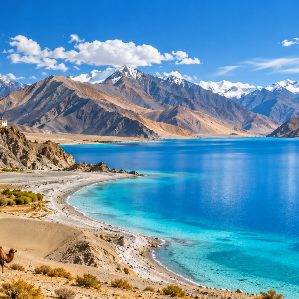 Ladakh travel montage featuring a turquoise lake, mountain monastery and Nubra Valley camels.