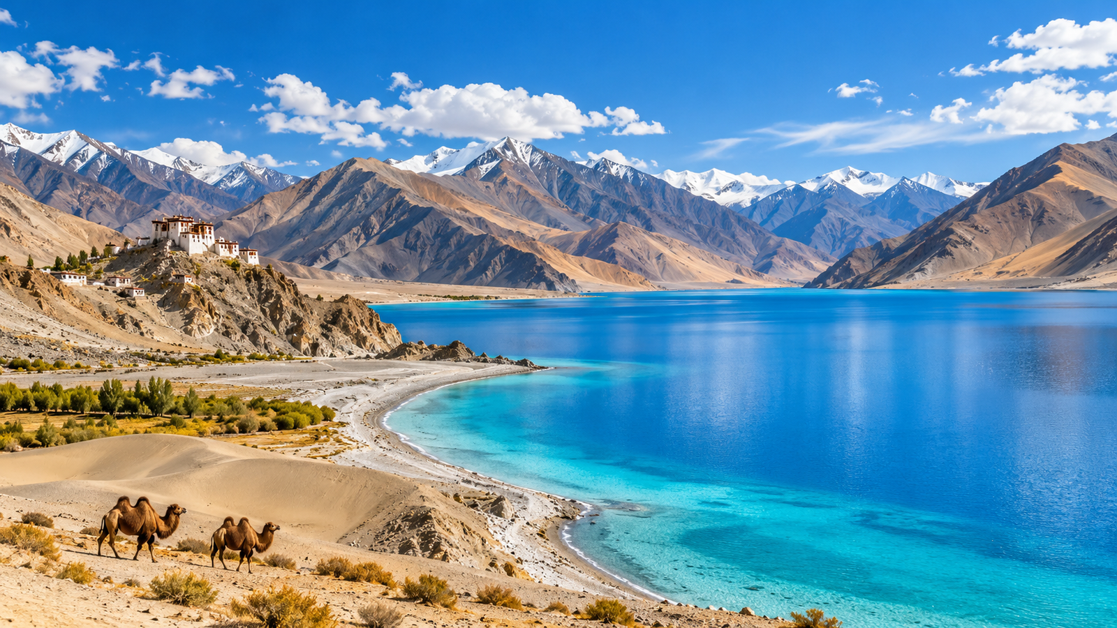 Ladakh travel montage featuring a turquoise lake, mountain monastery and Nubra Valley camels.