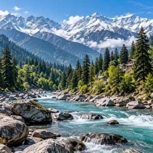 Manali-inspired landscape illustration with a turquoise river, forested slopes, hillside homes and snow-covered Himalayan peaks.