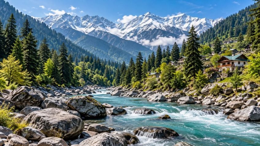 Manali-inspired landscape illustration with a turquoise river, forested slopes, hillside homes and snow-covered Himalayan peaks.