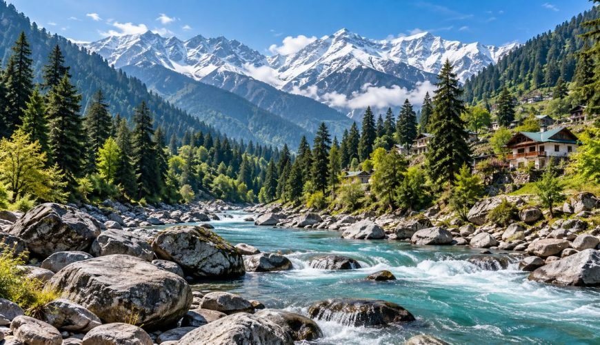 Manali-inspired landscape illustration with a turquoise river, forested slopes, hillside homes and snow-covered Himalayan peaks.